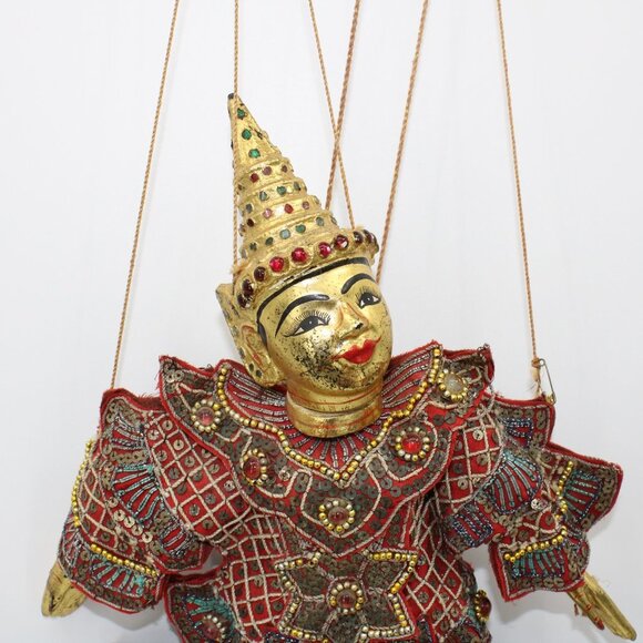 Handmade Traditional Burmese Puppet Gold Face Ornate Costume Strings Attached - Picture 3 of 9